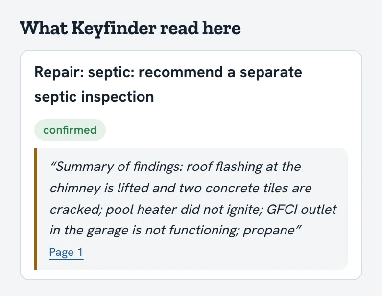 Findings read from the inspection report, each quoted with its page